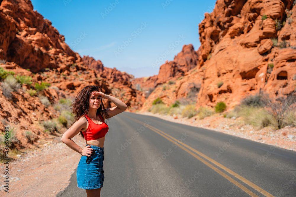 A beautiful young slender woman walks through the desert in the Valley of Fire in Nevada with an amazing landscape in the background.