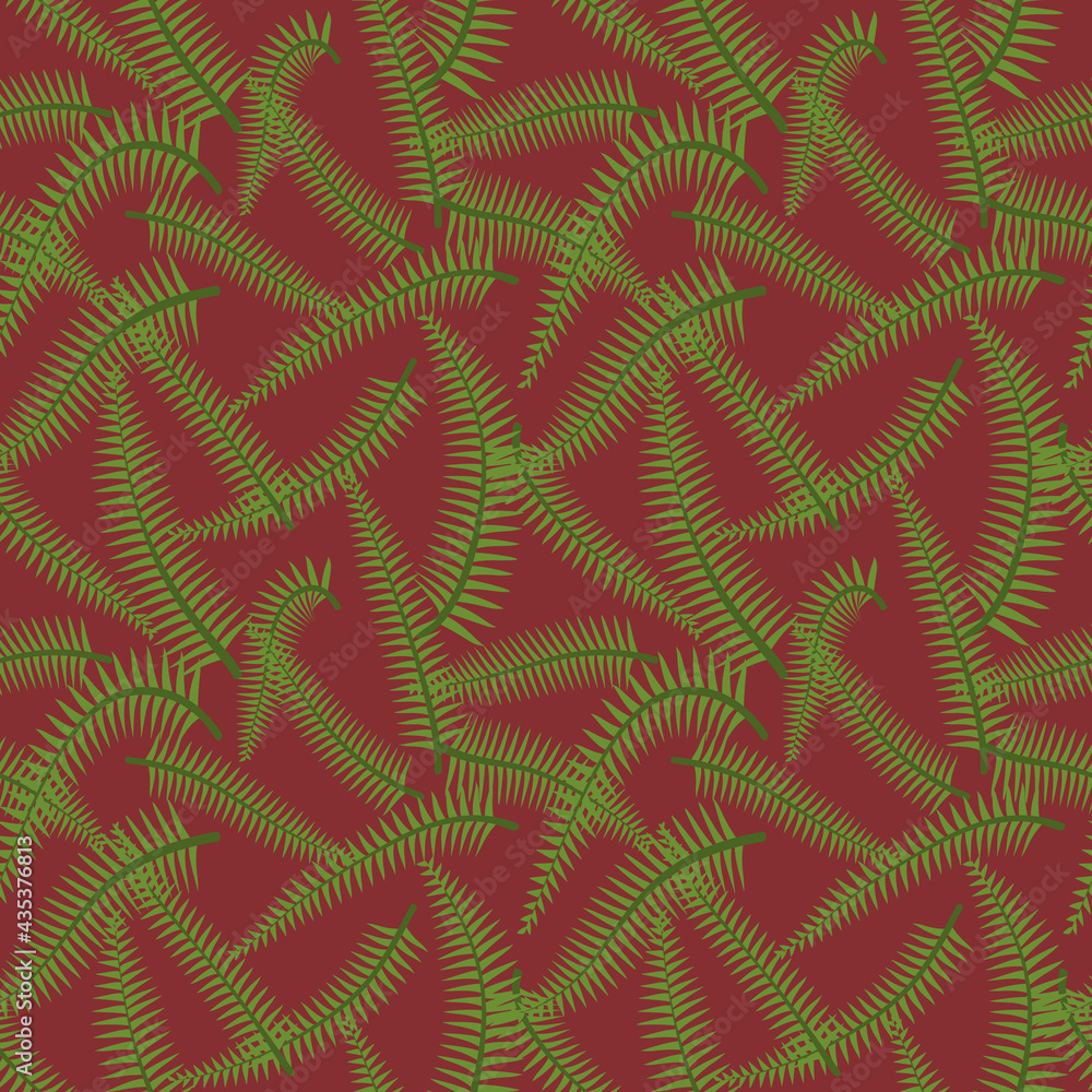 Simple minimal green fern leaves tropical seamless pattern. Red background. Flat jungle foliage modern texture. Stock vector illustration. Simple minimal green fern leaves tropical seamless pattern. Red background. Flat jungle foliage modern texture. Stock vector illustration.