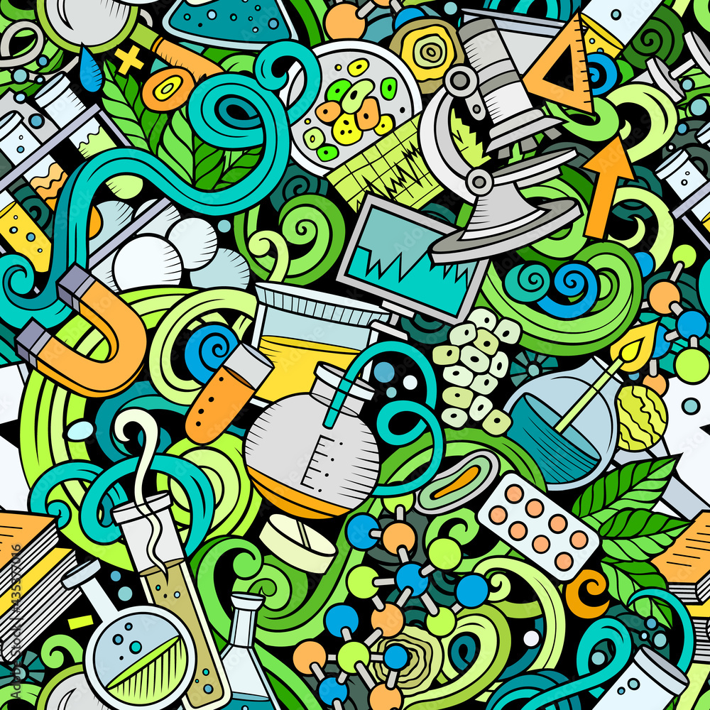 Obraz premium Science hand drawn doodles seamless pattern.