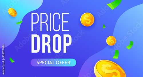 Price drop red vector banner, sale poster design. Super offer business finance crisis concept. Financial falling price vector banner