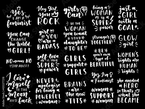 Set of women's rights quotes and phrases. Vector lettering about feminism, woman rights, motivational slogan. Women support and empower, care of yourself, self-care poster.