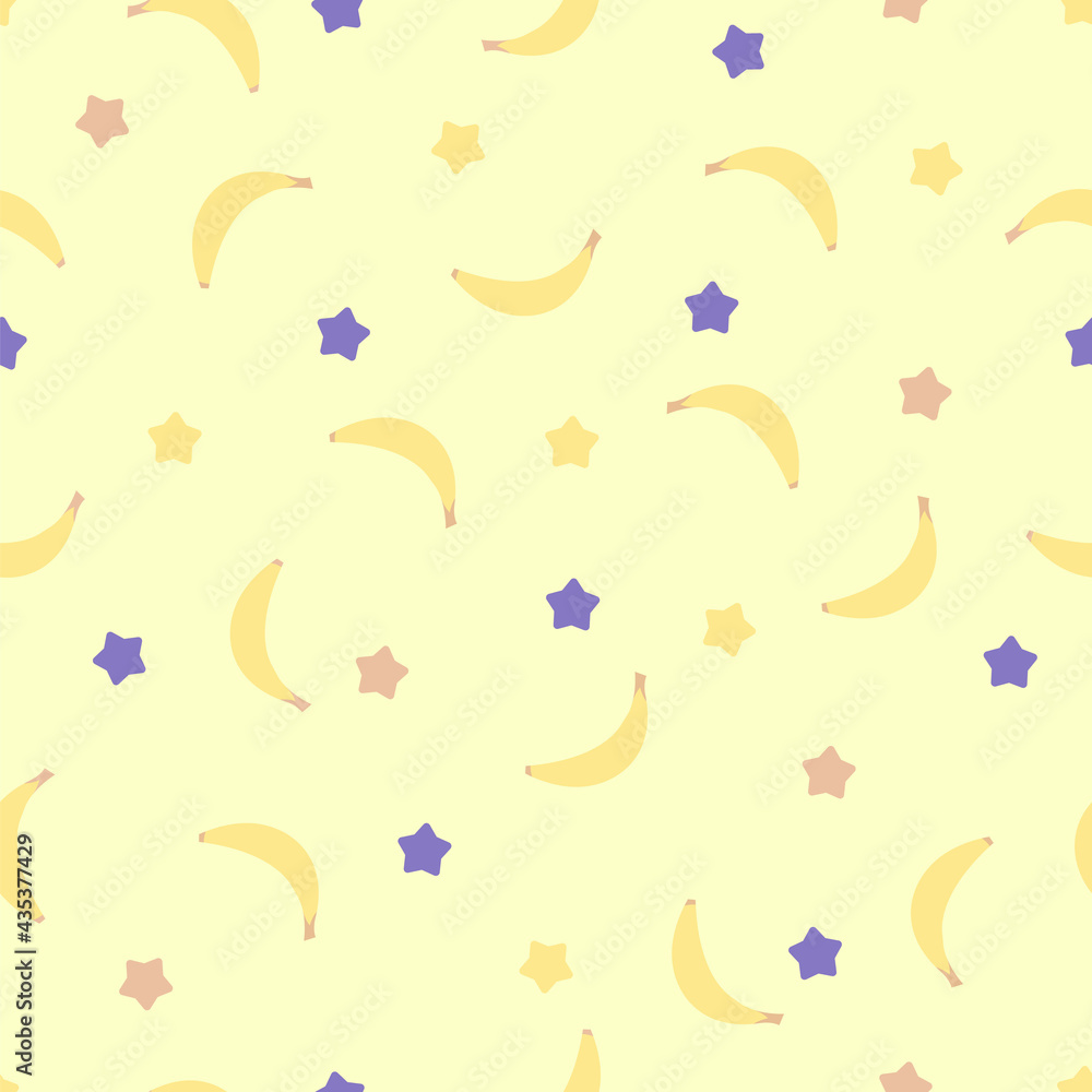 Cute seamless yellow banana and stars pattern. Doodle or cartoon background with bananas for textile, fabric, paper, decoration. Yellow background with stars and bananas pattern. Vector Tile EPS 8 Cute seamless yellow banana and stars pattern. Doodle or cartoon background with bananas for textile, fabric, paper, decoration. Yellow background with stars and bananas pattern. Vector Tile EPS 8
