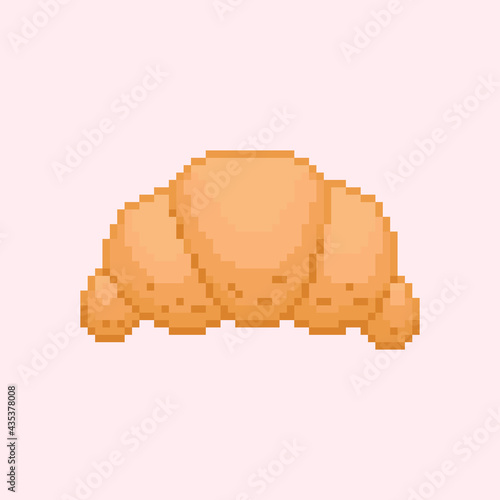 Pixel art croissant illustration. Vintage croissant bun in retro 8 bit gaming style. Pixel isolated croissant icon. Vector.