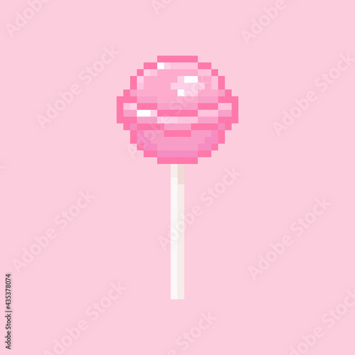 Pixel art lollipop illustration. Vintage classic round lollipop in retro 8 bit gaming style. Pixel isolated pink round lollipop icon. Vector.