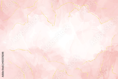 Abstract dusty blush liquid watercolor background with gold lines. Pastel rose marble alcohol ink drawing effect and golden foil cracks. Vector illustration design for wedding invitation