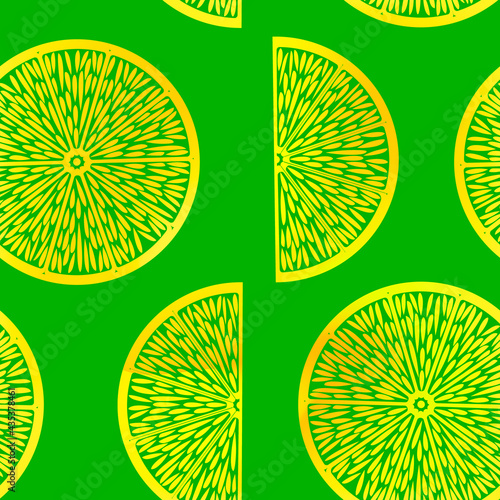 Seamless, square background with the contours of slices of orange on a green background. Vector design for the decoration of wallpapers, fabrics, backgrounds, packages, etc.