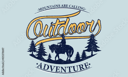 Mountain outdoors graphic t-shirt design. Carboy adventure at the mountain vector design.  