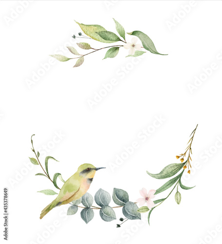 Watercolor vector wreath with green branches and bird.