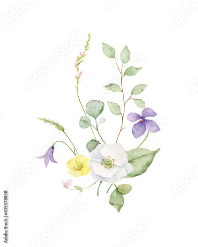 Watercolor vector bouquet of with wildflower flowers and leaves.