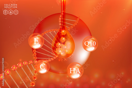 Hyaluronic acid skin solutions ad, red collagen, and vitamins serum drops with cosmetic advertising background ready to use, illustration vector.
