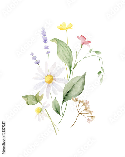 Watercolor vector bouquet of with wildflower flowers and leaves.