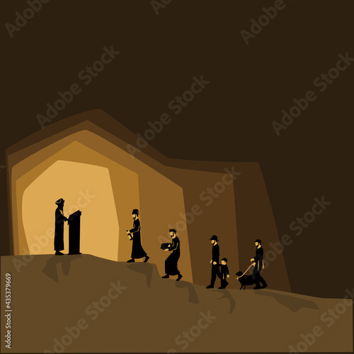 Clinging to the Sages - Jewish figures dressed in authentic Spanish, Moroccan, Yemeni, Haredi, traditional, go to the chief rabbi and bring him wine, food, a child, and a sheep.
Vector drawing 