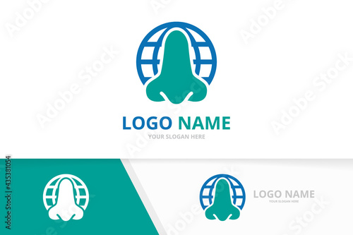 Vector nose and earth logo combination. Globe ENT clinic, otolaryngology logotype design template.