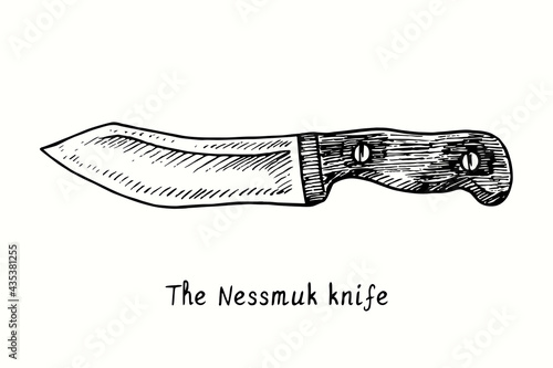The Nessmuk knife type. Ink black and white drawing outline illustration