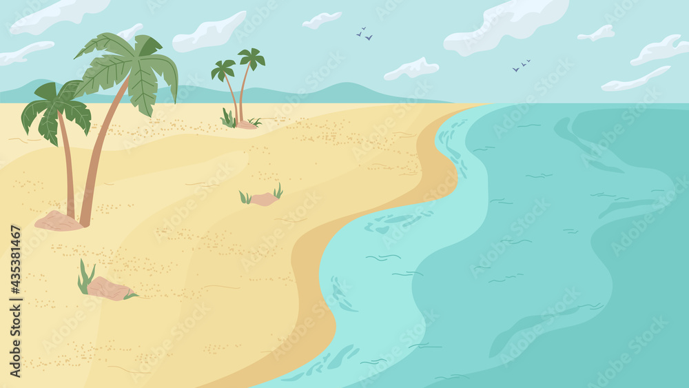 Summer beach landscape panorama, flat cartoon background. Vector paradise, ocean or sea seashore, water, sand and palm trees. Summertime holidays vacation, seaside seascape, blue sky with clouds