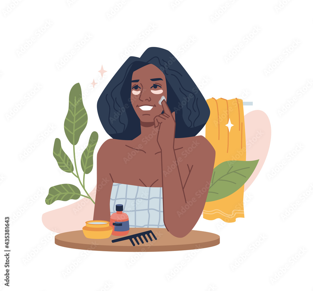 Woman take care of face skin with cream, afro american beauty girl use natural organic cosmetics, skincare flat cartoon vector illustration. Facial massages, moisturizing and daily hygiene routine