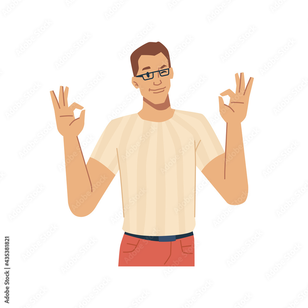Smiling man wearing glasses showing okay sign, isolated male character gesturing and approving. Satisfied personage, expression of emotions and attitude. Student vector in flat cartoon style Smiling man wearing glasses showing okay sign, isolated male character gesturing and approving. Satisfied personage, expression of emotions and attitude. Student vector in flat cartoon style