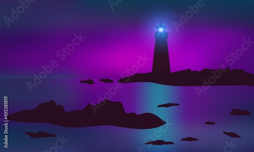 Lighthouse illuminating reefs, seashore. Beautiful mauve sunset.