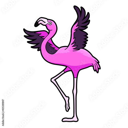 Flamingo with spread open black wings cartoon icon. Pink beautiful bird standing on one leg.