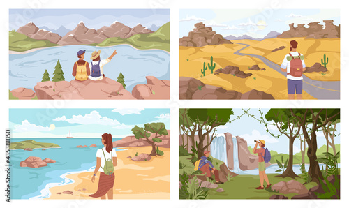 Travelers on different terrain set, mountains, lake, seashore, jungle, desert. Vector man woman with rucksacks, flat cartoon. Tourists, young explorer travel together. Trekking people with backpack