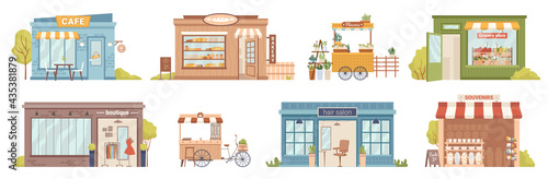 City street buildings facade exterior isolated retail local businesses. Vector cafe and bakery shop, flowers and grocery stores, clothing boutique and mobile kiosk. Hair salon and souvenirs market