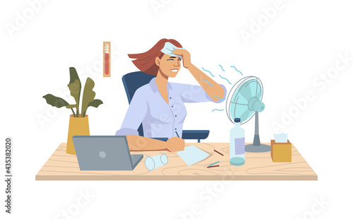 Heat in office, refreshing summer cooler ventilator blowing on woman at workplace, table with fan, laptop, potted plant and stationery, hot temperature. Worker suffering from warm flat cartoon vector