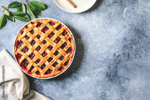 Tasty homemade American cherry pie. Delicious Homemade Cherry Pie with a Flaky Crust