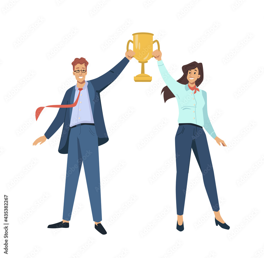 Couple of man and woman winners holding golden goblet above heads isolated flat cartoon characters. Vector happy successful people win award, goal achievement celebration, coworkers colleagues