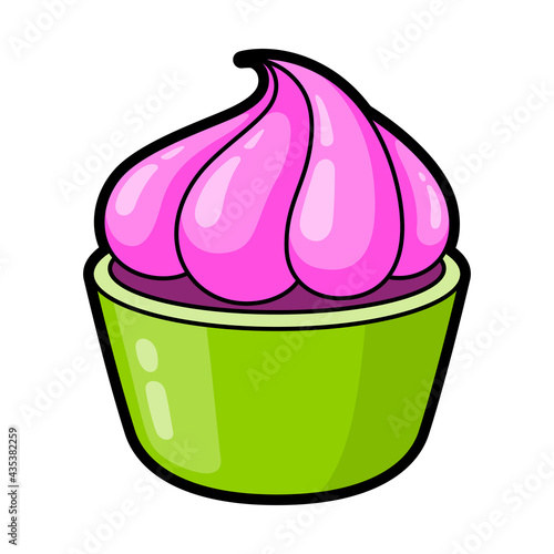 Cupcake with cream cartoon icon. Muffin decorated with whipped topping. Sweet dessert.