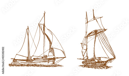 Sailing ship, graphic hand drawing. Sea or river transport, an isolated object. Vector