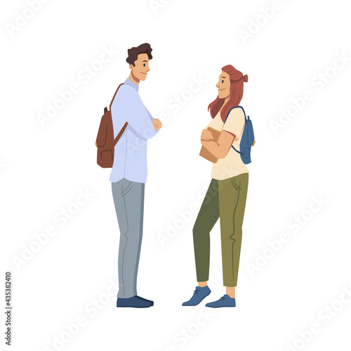 Male and female character talking or flirting, young boy and girl having conversation. University friends discussing classes, meeting man and woman wearing satchels. Vector in flat cartoon style