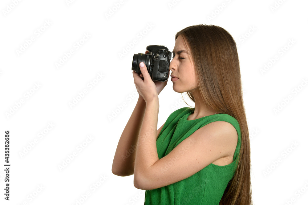Young beautiful caucasian woman with camera Young beautiful caucasian woman with camera