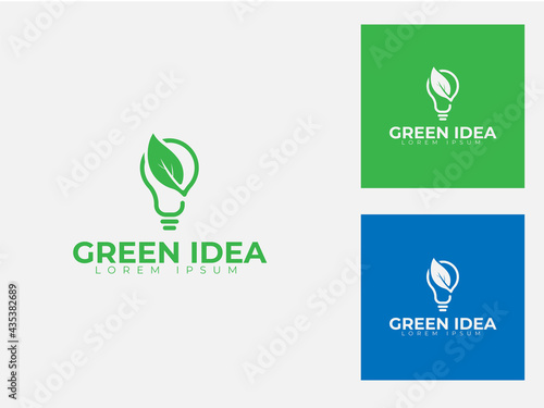 Natural green idea logo with bulb and leaves concept, 