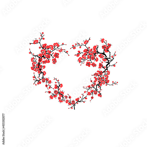 Heart frame of Cherry branch blossom. Sakura blooming - Plum tree japanese. Holiday Love Vector