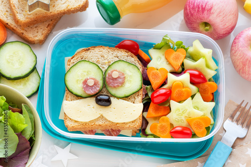 Back to school concept. Lunch box for kids with a cheese and salami sandwich, fresh salad leaves, cucumbers, carrots and tomatoes