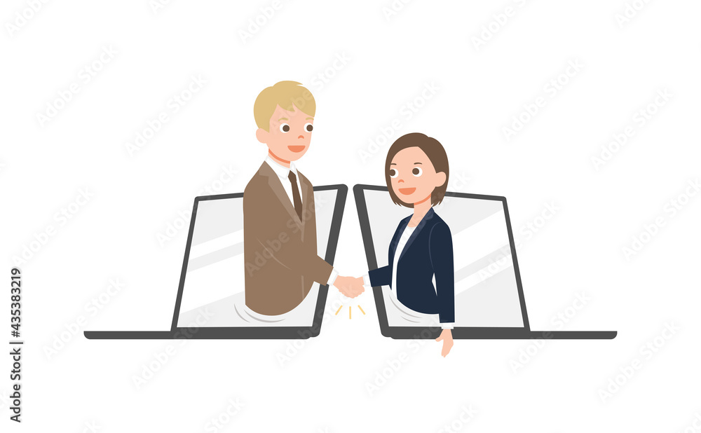 Businessman and woman talk through laptop screens and shake hands. Online communication and business meeting, solated on white background. vector illustration. 