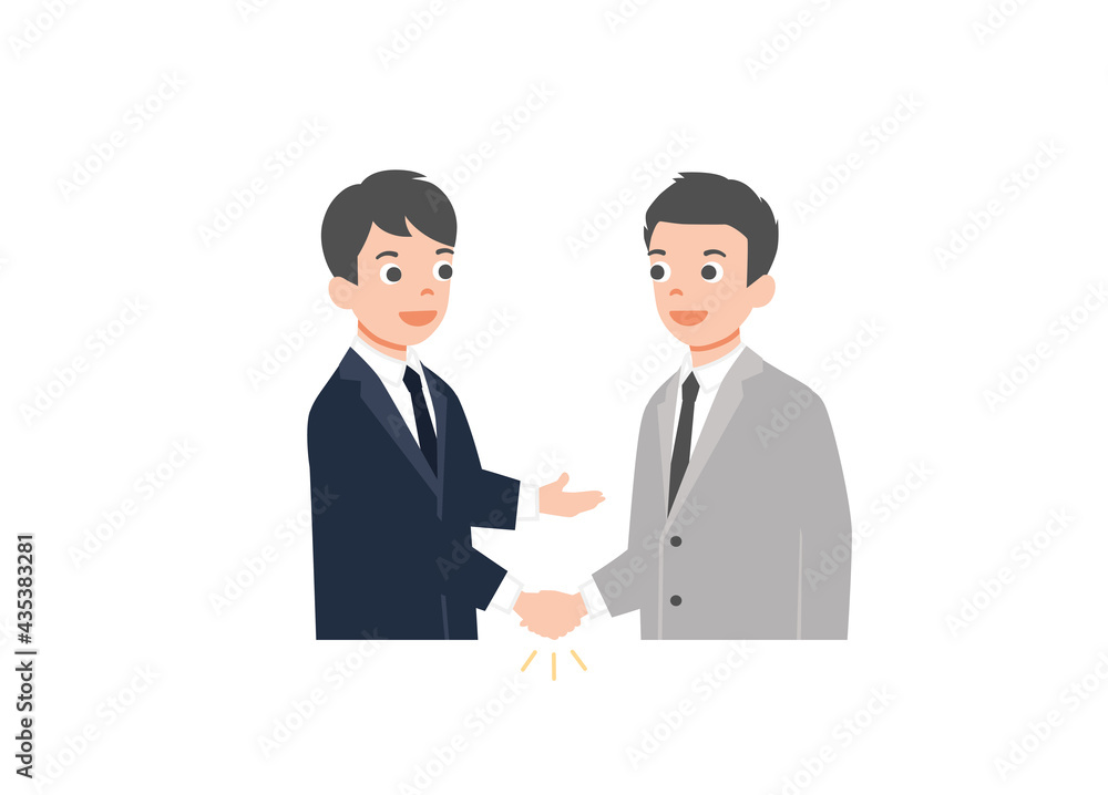 Two businessmen shaking hands. Business partnership and agreement, colleagues and cooperation, good deal and teamwork concept. Isolated on white background. vector illustration. Two businessmen shaking hands. Business partnership and agreement, colleagues and cooperation, good deal and teamwork concept. Isolated on white background. vector illustration.