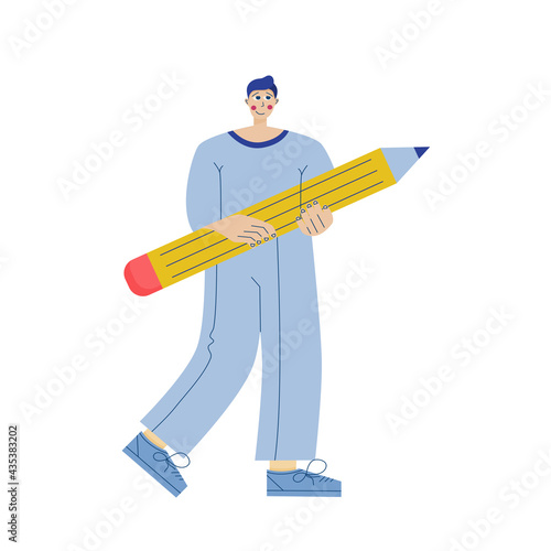 Man, a satisfied doctor, is isolated on white background. A doctor with pencil signs and writes out prescriptions for pills. Vector illustration in flat style. Medical staff