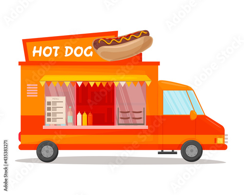 Fast food street hot dog bus.  Fast food business seller kiosk. Hot dog fast food shop street van city . For design, web, graphics and advertising. Vector illustration isolated on white background