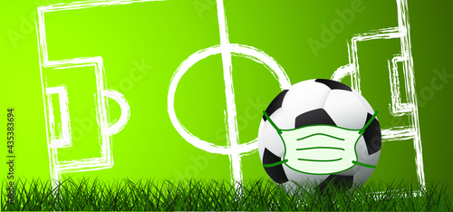 Sky view soccer border on green football grass field. Football with mask (Coronavirus, covid-19). Vector background. Sport finale or school, sports game cup. Summer, spring time, Street ball games.