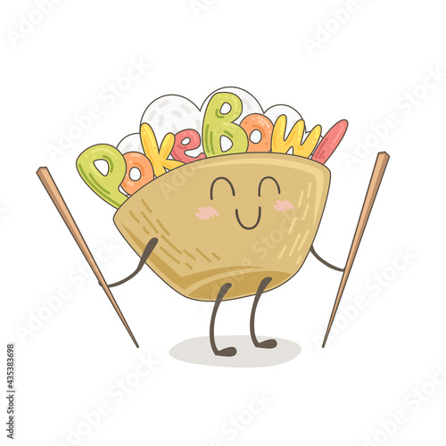 Cute drawing of a poke bowl. Kawaii food illustration. Smiling food bowl with chopsticks