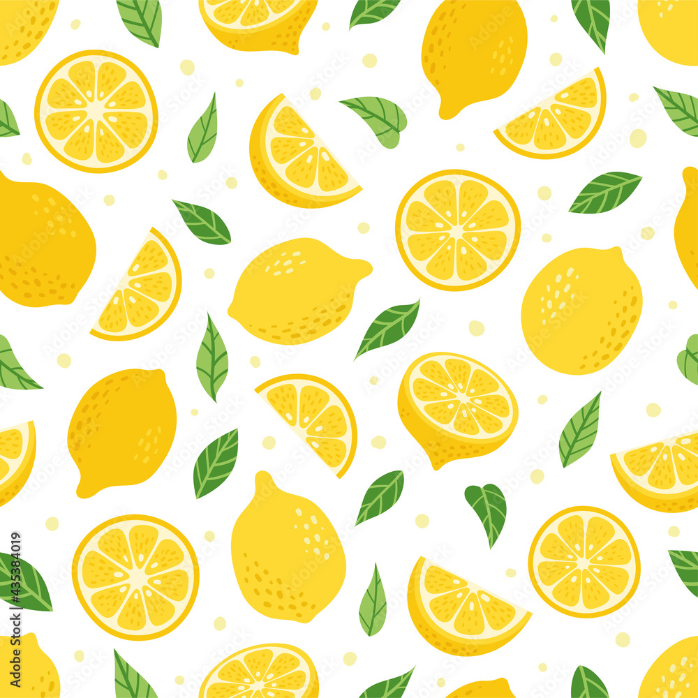 Cute Vector Lemon tropical seamless pattern. Cartoon summer fresh fruit slice, green leaves, half sliced and whole lemons print on white background. Lemonade repeat texture for wallpaper, fabric