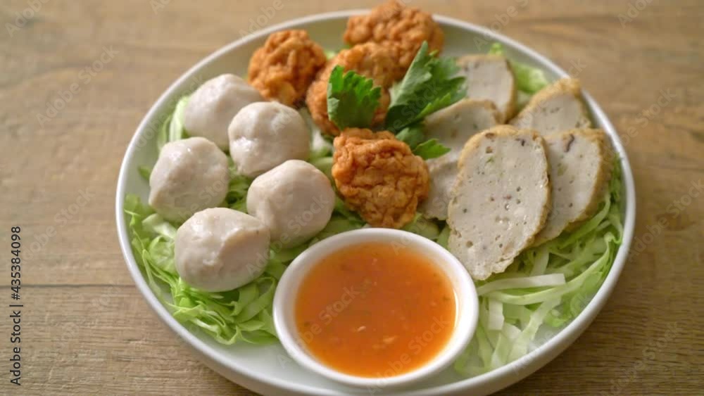 Boiled Fish Balls, Shrimp Balls and Chinese Fish Sausage with Spicy Dipping Sauce Boiled Fish Balls, Shrimp Balls and Chinese Fish Sausage with Spicy Dipping Sauce