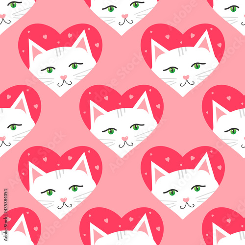 Cute cartoon style white cats in pink hearts vector seamless pattern background for Valentine’s Day design.
