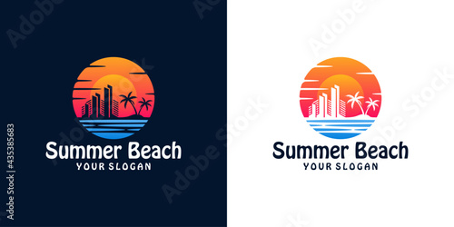 Sunset logo with silhouette of city building on seaside design template