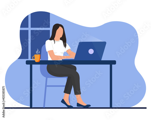Woman is working  at the desktop with a laptop. Freelance, online education, web surfing or office worker. Vector illustration in cartoon style