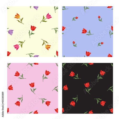 Trendy set of seamless patterns with tulips . Vector illustration for textile print , background, wallpaper, decorative paper and other design.