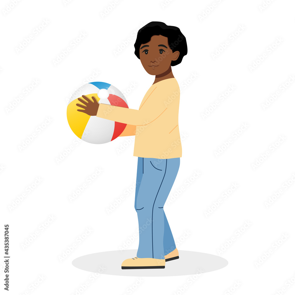 Cute afro american boy with a ball isolated on white background. Favorite toy. Vector illustration. Cute afro american boy with a ball isolated on white background. Favorite toy. Vector illustration.