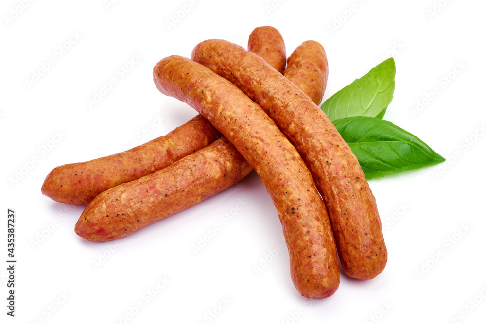 Rustic smoked sausages, isolated on white background. High resolution image. Rustic smoked sausages, isolated on white background. High resolution image.