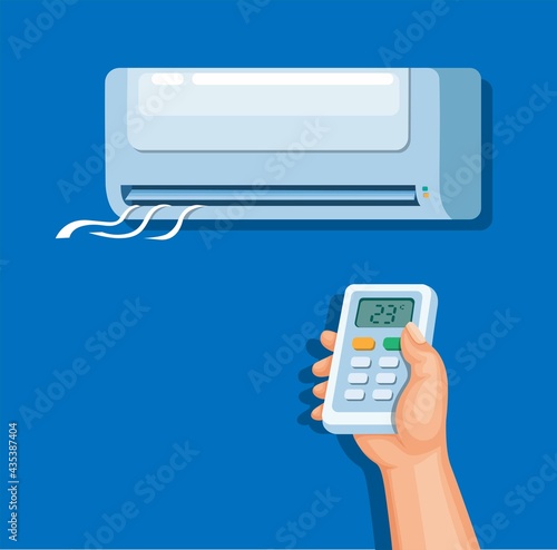 Air conditioner with remote control, electronic home concept in cartoon illustration vector